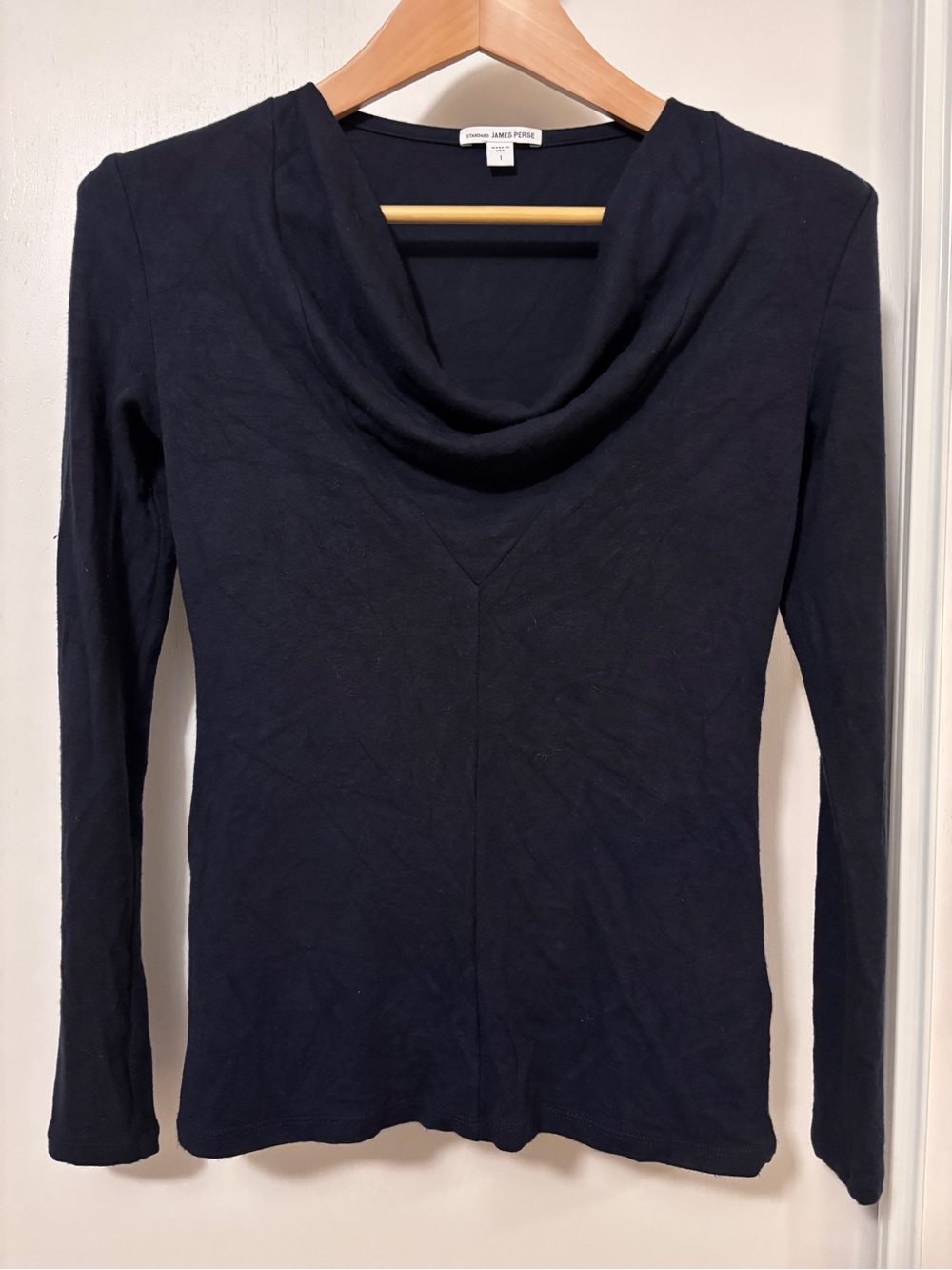 James Perse Navy Cowl Neck Long Sleeve Top Size 1 Small Elevated Basic Fitted